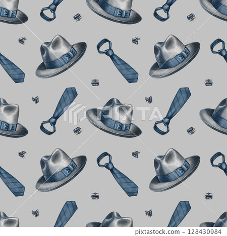 Seamless pattern with men's accessories, hats, ties, and cufflinks. Hand-drawn watercolor illustration. For textiles, packaging and labels, wallpaper, wrapping paper, decor. 128430984