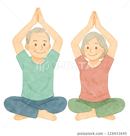老年夫婦瑜珈伸展水彩畫 128431645