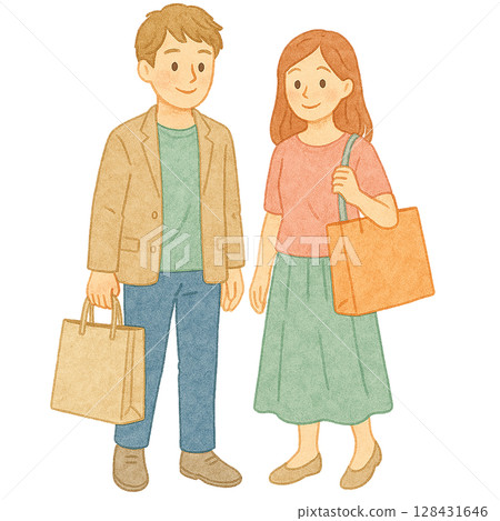 一對年輕夫婦享受購物的水彩畫 一對年輕夫婦享受購物的水彩畫 128431646