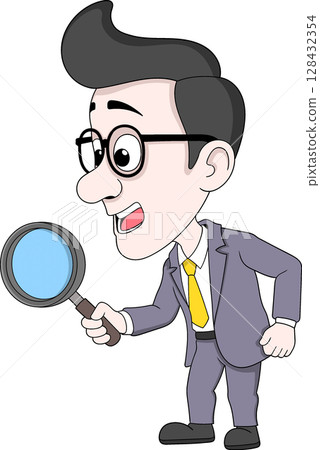 Cartoon Businessman Analyzing with Magnifying Glass Illustration Cartoon Businessman Analyzing with Magnifying Glass Illustration 128432354