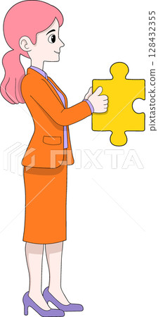 Cartoon Businesswoman Holding Puzzle Piece Illustration 128432355