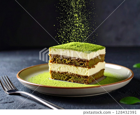 The moment matcha powder floats in Japanese-style matcha tiramisu 12 AI-generated image 128432391