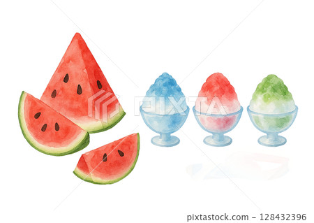 夏季西瓜和刨冰水彩插圖 128432396