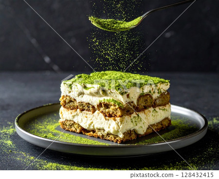 The moment matcha powder floats in a Japanese-style matcha tiramisu 8 AI-generated image 128432415