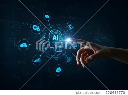 Finger tapping AI interface on digital tablet with circular tech pattern and futuristic neural network AI Agent AGI ASI Finger tapping AI interface on digital tablet with circular tech pattern and futuristic neural network AI Agent AGI ASI 128432770