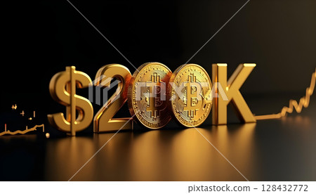 Bitcoin price prediction concept with golden $200K symbol and upward trend in cryptocurrency value AGI ASI 128432772