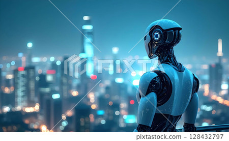 Futuristic humanoid robot overlooking smart city skyline at night symbolizing AI in urban innovation AI Agent AGI ASI 128432797