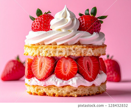 Strawberry shortcake with plenty of strawberries and whipped cream 3 AI-generated image 128432832