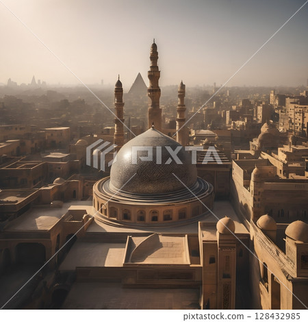 Ancient Mosque Overlooking Distant Pyramids 128432985