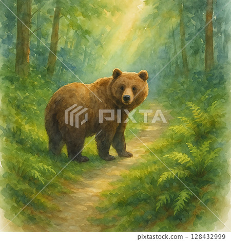 Watercolor illustration of a bear standing on a forest path 128432999