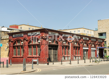 A distinctive British Art Nouveau architecture of Kilburn Park Underground Station within the London Borough of Brent. 128433020