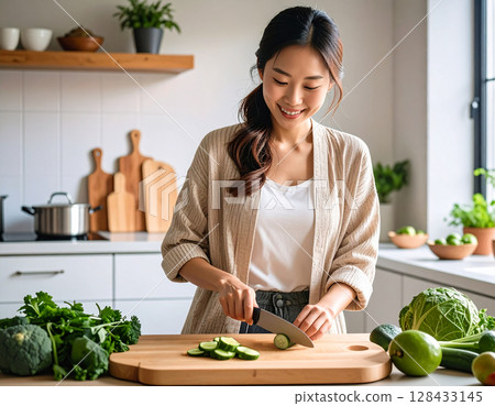 在廚房切菜的女人 128433145