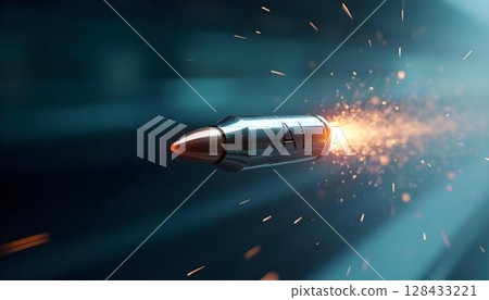 AI stamped bullet exploding with sparks and futuristic motion blur AI stamped bullet exploding with sparks and futuristic motion blur 128433221