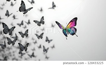 Single glowing neon butterfly flying apart from monochrome butterflies, visual metaphor for freedom, diversity, autism and neurodiverse identity 128433225