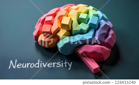 Textured Rainbow Brain Sculpture Made of Pastel Blocks with Neurodiversity Chalk Text on Black Surface 128433240