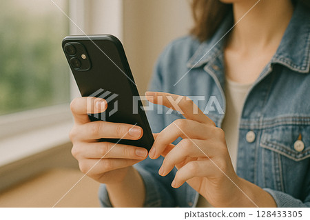 A young woman operating a smartphone 128433305