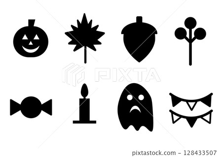 秋季植物和萬聖節材料的黑白圖示集 128433507