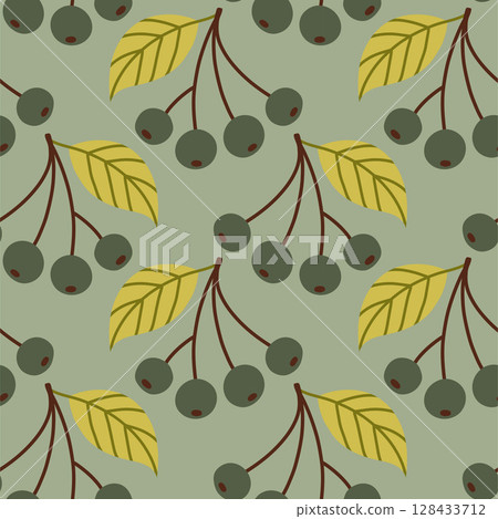 Autumn berry seamless pattern. Fall isolated berries on blue background. Square repeat pattern flat design for fall season. Autumn berry seamless pattern. Fall isolated berries on blue background. Square repeat pattern flat design for fall season. 128433712