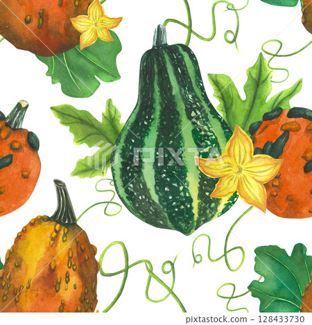 Pumpkins - seamless pattern of pumpkin leaves, flower and mustache. Watercolor illustration hand drawn. For design postcard or card, banner. Pumpkins - seamless pattern of pumpkin leaves, flower and mustache. Watercolor illustration hand drawn. For design postcard or card, banner. 128433730