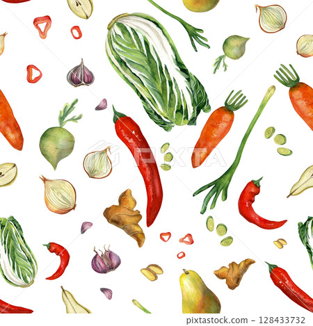 Fresh vegetables for Korean kimchi. Watercolor illustrations are hand-drawn isolated on white background for decoration of gift paper, tablecloth, children's books. Seamless pattern  128433732