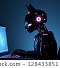 A cat-shaped robot equipped with artificial intelligence is working on a PC 128433851