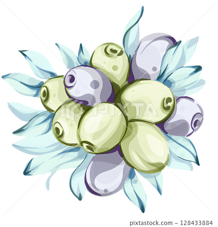 Olives and olive oil in a watercolor illustration celebrating Italian cuisine and nature's beauty Olives and olive oil in a watercolor illustration celebrating Italian cuisine and nature's beauty 128433884