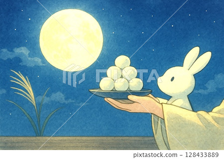 滿月、餃子和兔子的秋季賞月插圖素材 128433889