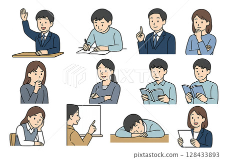 Transparent background: A set of illustrations of people's emotions and actions that can be used for teaching materials and training 128433893