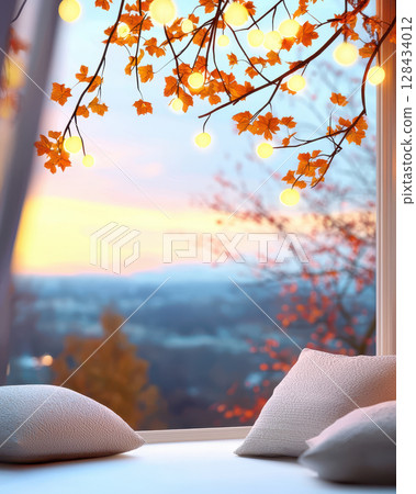 cozy meditation space with soft lighting, cushions, and autumn leaves. warm ambiance creates serene atmosphere for relaxation and reflection 128434012