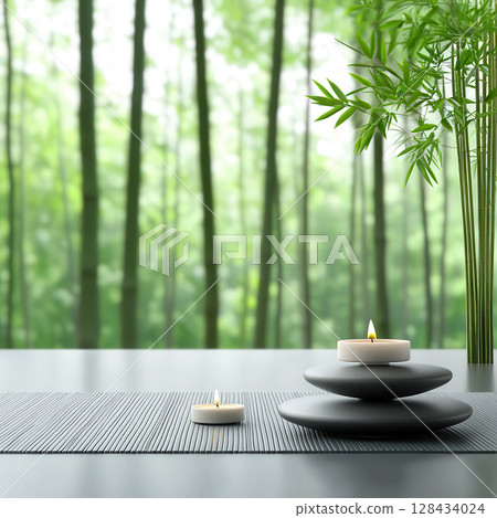 serene daily meditation scene featuring candles, plants, and calm ambiance, perfect for relaxation and mindfulness. bamboo backdrop enhances tranquility 128434024