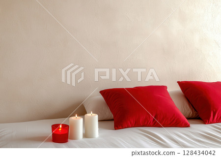 Cozy meditation setup with soft red pillows, candles, and warm blanket creates serene atmosphere for relaxation and mindfulness 128434042