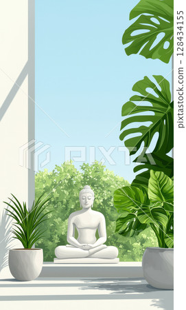 serene balcony scene featuring white Buddha statue surrounded by lush green plants and soft morning light, creating peaceful atmosphere for meditation serene balcony scene featuring white Buddha statue surrounded by lush green plants and soft morning light, creating peaceful atmosphere for meditation 128434155