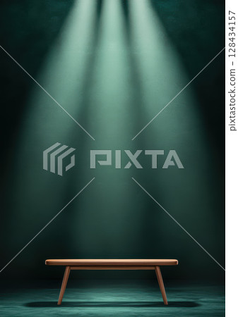 minimalist wooden table illuminated by soft, meditative light in serene, dark room creates tranquil atmosphere minimalist wooden table illuminated by soft, meditative light in serene, dark room creates tranquil atmosphere 128434157