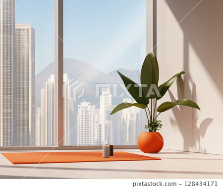 serene sunlit room featuring yoga mat and meditation setup, with candle and vibrant plant, offers peaceful atmosphere for relaxation and mindfulness 128434171