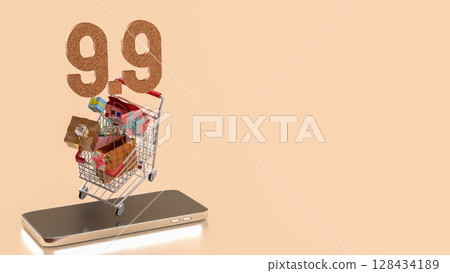 The Gift box  in Shopping cart for 9.9 promotion or business concept 3d Rendering. 128434189