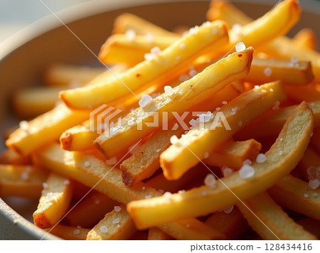 Delicious Golden French Fries with Visible Sea Salt Crystals Delicious Golden French Fries with Visible Sea Salt Crystals 128434416