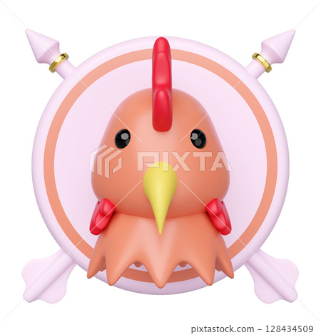 3D stylized chicken head with red comb, yellow beak, and red wattle, centered within a light pink circular frame. Two pink arrows with gold rings cross behind the frame. 128434509