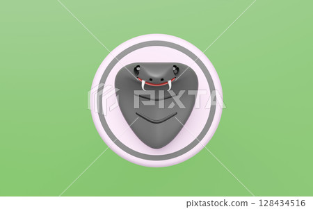 3D rendering of a stylized cute cartoon cobra snake head with fangs and black eyes in a circular frame. The friendly reptile icon is on a vibrant green background, ideal for mascots or logos. 3D rendering of a stylized cute cartoon cobra snake head with fangs and black eyes in a circular frame. The friendly reptile icon is on a vibrant green background, ideal for mascots or logos. 128434516