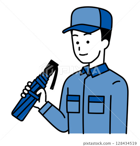 一名身穿工作服的男子手持折疊傘 128434519