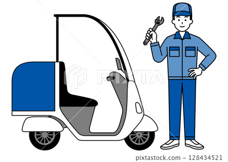 有頂棚的送貨自行車和修理工 128434521