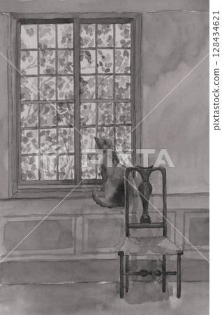 室內單色插圖，一隻黑貓坐在窗邊，用水彩繪 [手繪]，帶有影印空間 128434621
