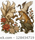 Nine-tailed fox, tiger, black turtle and crane 128434719