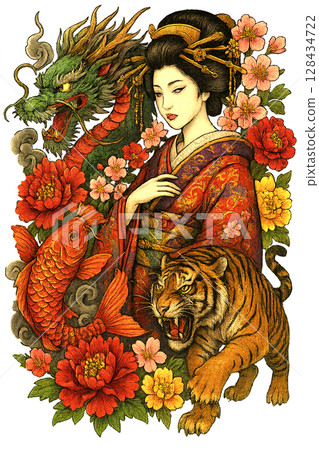 妓女、虎、龍和鯉 妓女、虎、龍和鯉 128434722