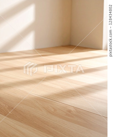 Sunlight and shadows shining on a wooden table | Minimalist and natural interior background 128434802