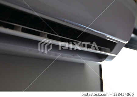 white air conditioner on wall, electricity object in home white air conditioner on wall, electricity object in home 128434860