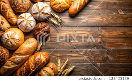 Frame of bread arranged in a circle on a wooden table | Background material of freshly baked bread seen from above 128435189