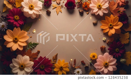 Autumnal materials collection featuring autumn leaves and cosmos: Design for stock photos Autumnal materials collection featuring autumn leaves and cosmos: Design for stock photos 128435238