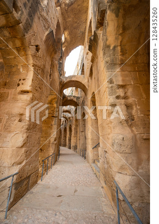 Stone arched gallery in Amphitheater of El Djem, Tunisia Stone arched gallery in Amphitheater of El Djem, Tunisia 128435260