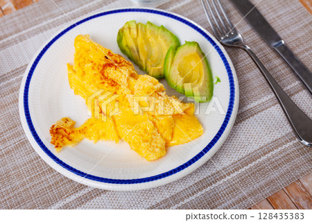 Omelet served with avocado on platter 128435383
