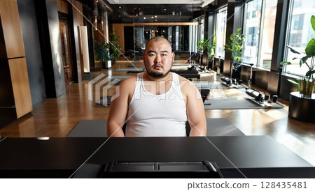 Fat male instructor sitting at the reception desk of a Pilates studio 128435481